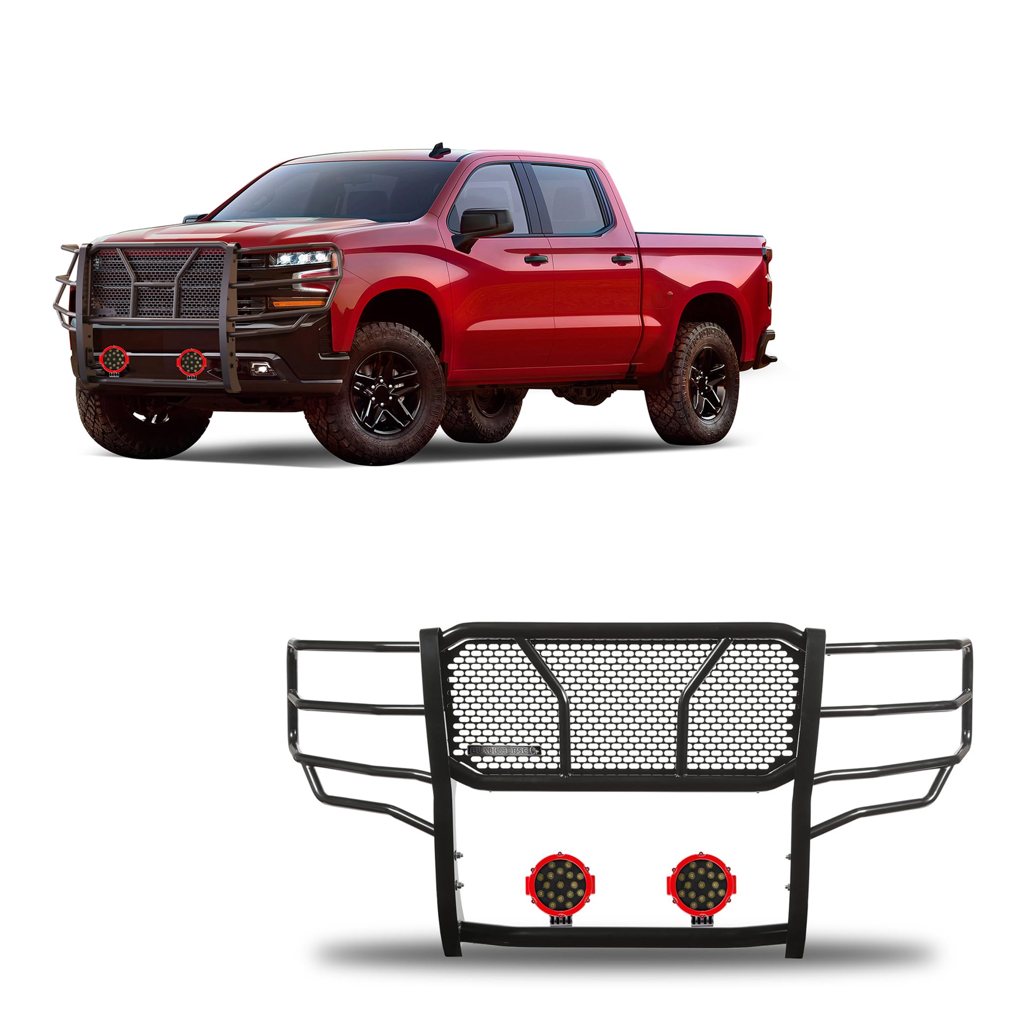 Heavy Duty Black Horse Rugged Grille Brush Bumper Guard Modular Black Come with Pair of 7.0" Dia.LED Lights with Red Trim Rings Compatible with 2019-2024 Chevrolet Silverado 1500-RU-CHSI19-B-PLR