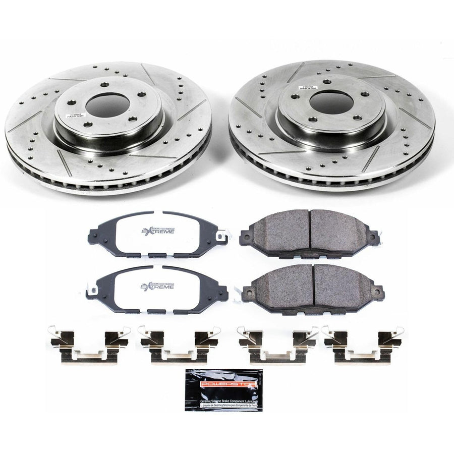 Power Stop Brake Kit Front For 2013 Infiniti JX35 2014 2015 2016 2017 2018 2019 2020 Infiniti QX60 - Truck & Tow Carbon Fiber Ceramic Pads & Drilled and Slotted Rotors Replacement, K6496-36