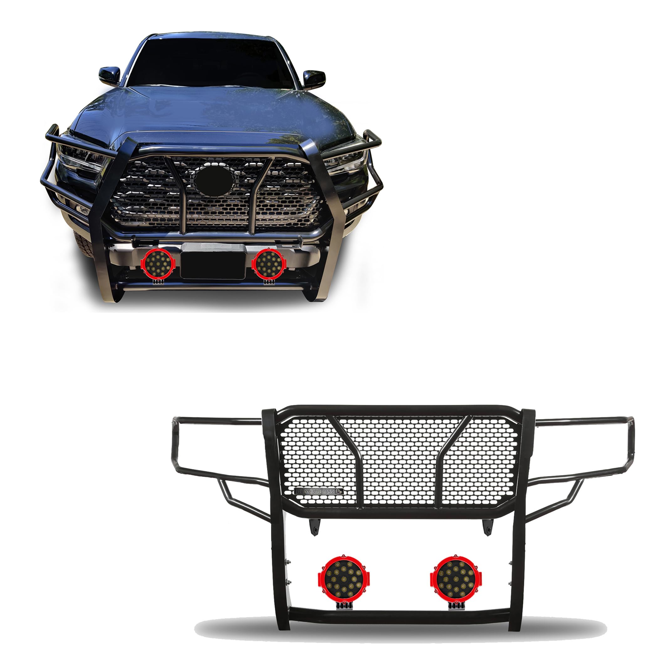 Heavy Duty Black Horse Rugged Grille Brush Bumper Guard Modular Black Come with Pair of 7.0" Dia.LED Lights with Red Trim Rings Compatible with 2016-2023 Toyota Tacoma-RU-TOTA16-B-PLR