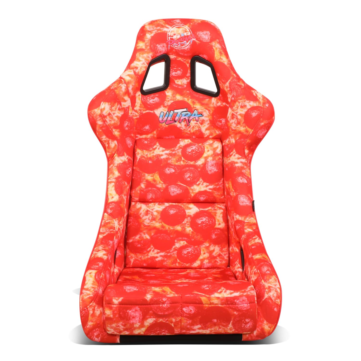 NRG Innovations FRP Bucket Seat NRG-FRP-302-PIZZA PRISMA-ULTRA Slice Edition with Gold Back Pizza Microfiber Finish Vegan Material Plus Phone Pockets. (Large)