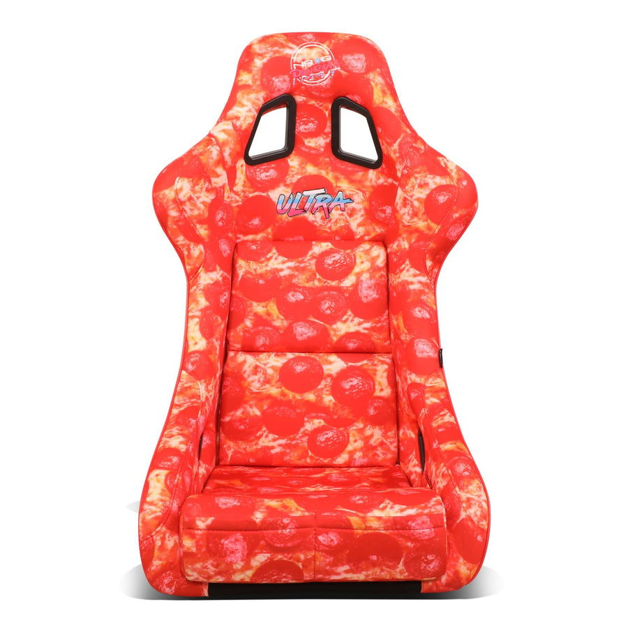 NRG Innovations FRP Bucket Seat NRG-FRP-302-PIZZA PRISMA-ULTRA Slice Edition with Gold Back Pizza Microfiber Finish Vegan Material Plus Phone Pockets. (Large)