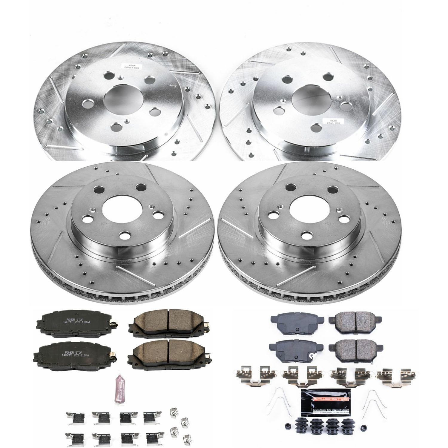 Power Stop K5871 Z23 Carbon Fiber Brake Pads Front and Rear with Drilled and Slotted Brake Rotors Kit For Lexus CT200h Toyota Prius | Prius Plug-In