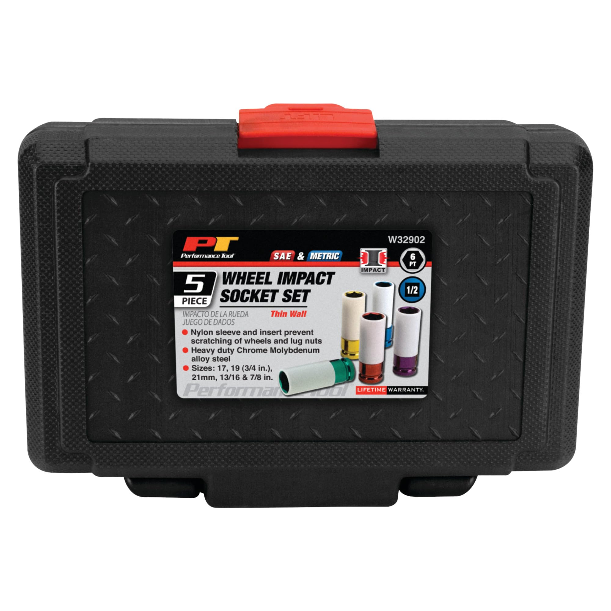 5pc Performance Tool W32902 Metric& SAE 1/5-Inch Drive Impact Socket Tool Set, 17, 19, 21mm & 13/16-Inch, 7/8-Inch, Non-Marring Protective Wheel Lug Nut Impact Socket Set