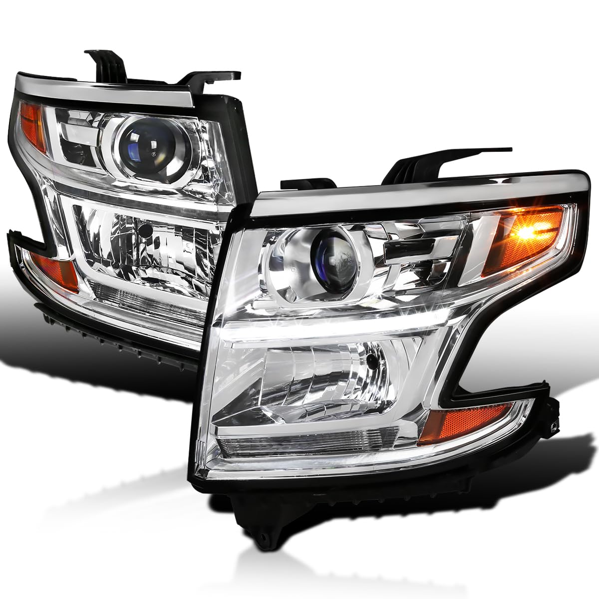 Chrome Projector Headlights w/LED DRL Strip SPEC-D TUNING Compatible with 2015-2020 Chevy Tahoe, Suburban, Left + Right Pair Headlamps Assembly