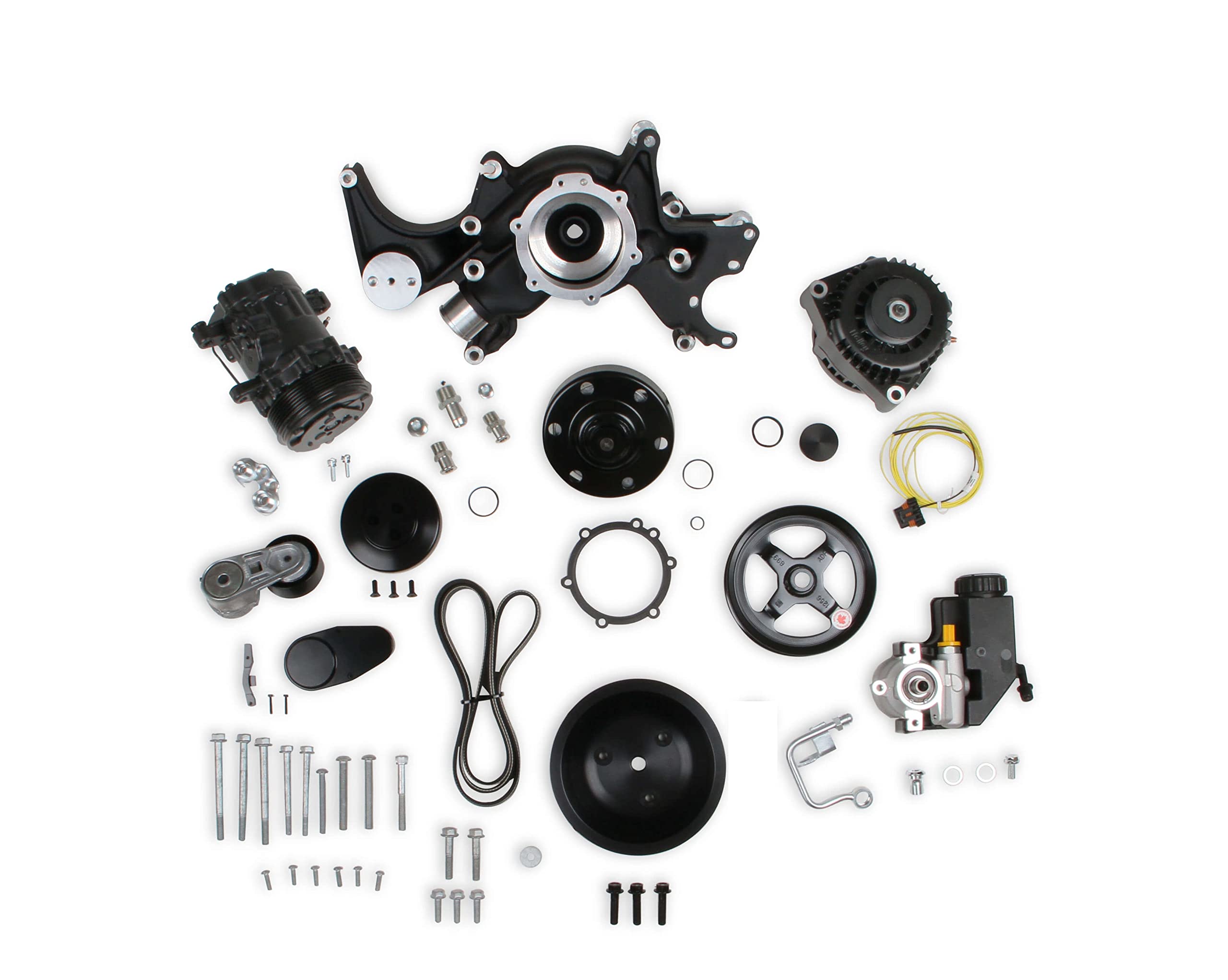 Holley Complete SBC Front Accessory Serpentine Drive Conversion System | Mid-Mount with Water Pump, Alternator, A/C & Power Steering | Fits Small Block Chevy Black Finish 20-240BK