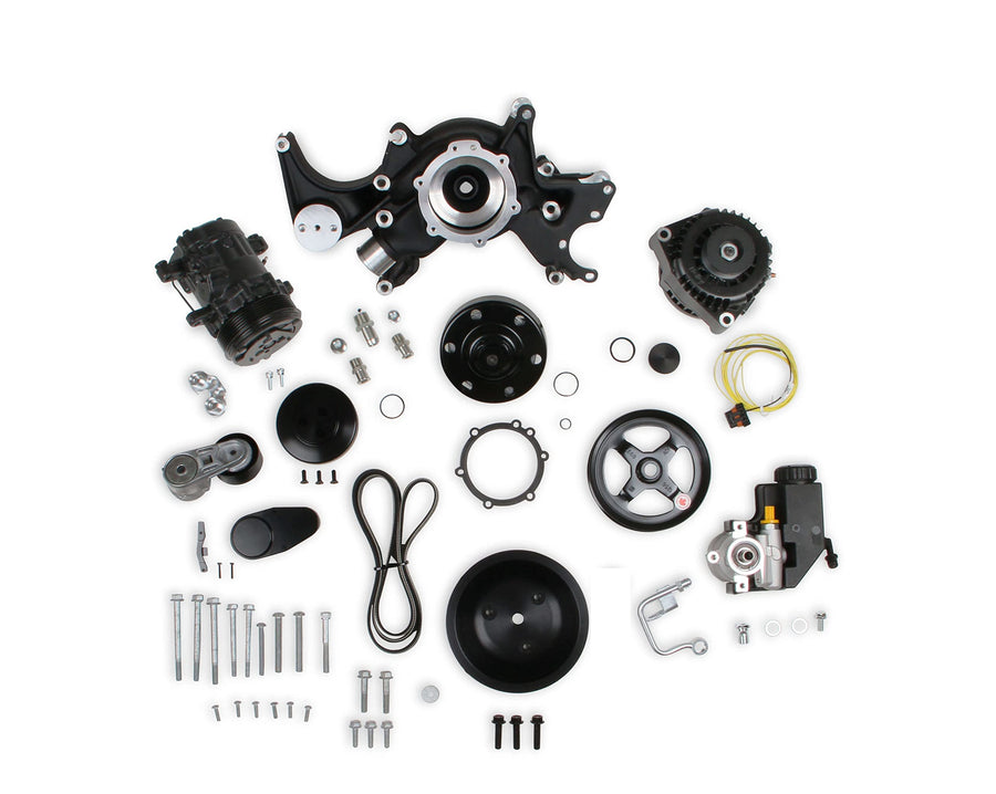 Holley Complete SBC Front Accessory Serpentine Drive Conversion System | Mid-Mount with Water Pump, Alternator, A/C & Power Steering | Fits Small Block Chevy Black Finish 20-240BK