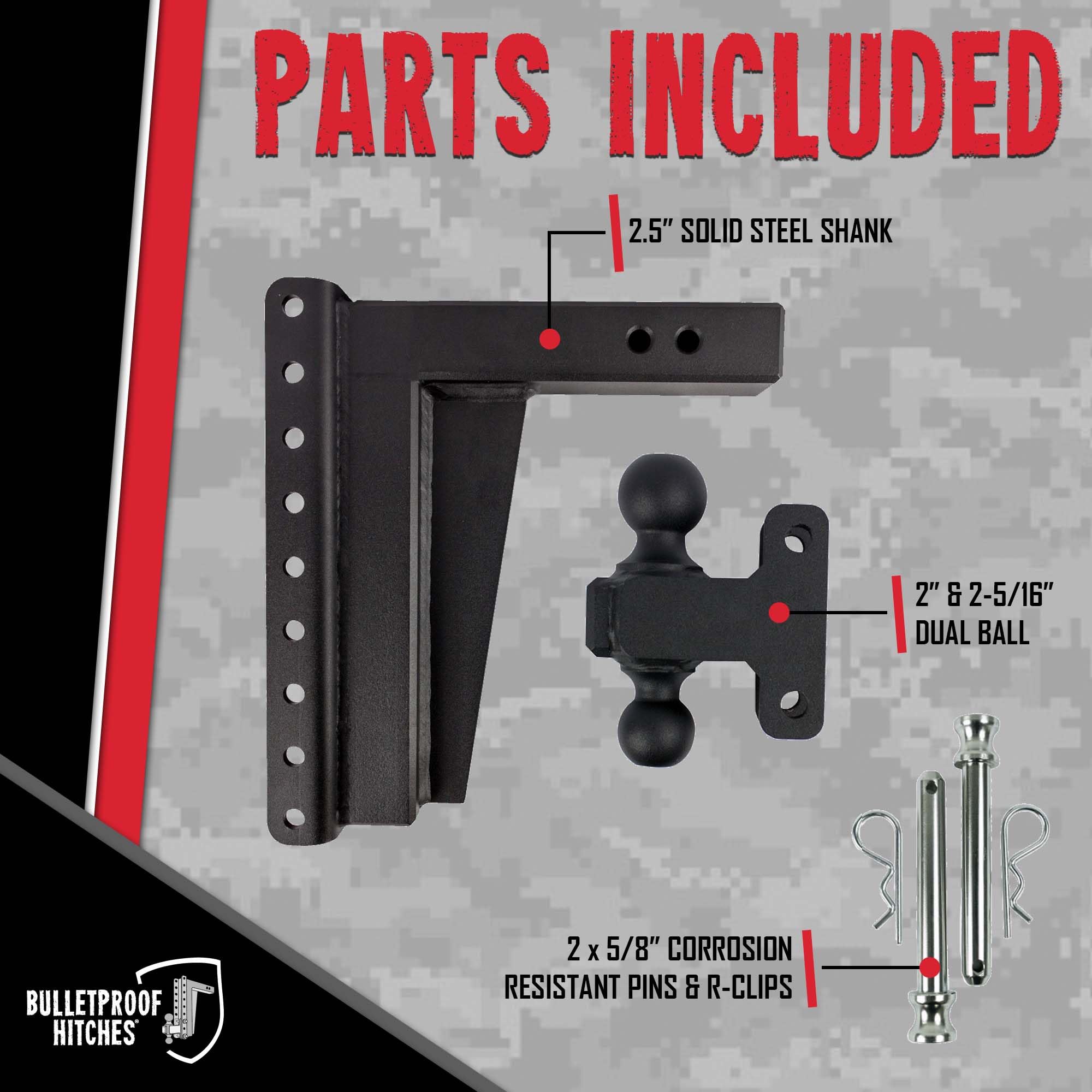 2.5" BulletProof Hitches Adjustable Extreme Duty Trailer Hitch (36,000 lb. Rating) - 12" Drop/Rise with 2" and 2 5/16" Dual Ball - Powder Coat, Solid Steel, Corrosion-Resistant