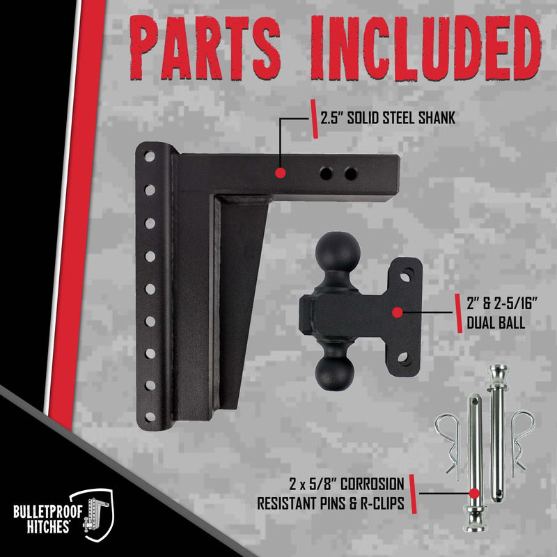 2.5" BulletProof Hitches Adjustable Extreme Duty Trailer Hitch (36,000 lb. Rating) - 12" Drop/Rise with 2" and 2 5/16" Dual Ball - Powder Coat, Solid Steel, Corrosion-Resistant