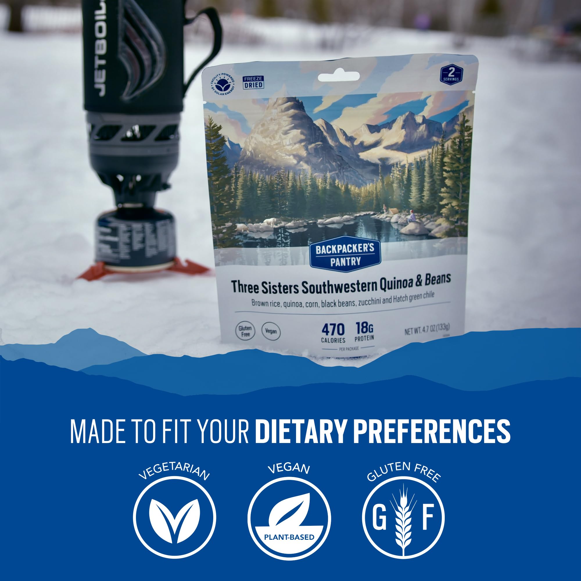 Three Sisters Quinoa and Beans, Backpacker's Pantry, 2 Servings Per Pouch, Freeze Dried Food, 14 Grams of Protein, Gluten Free, Vegan