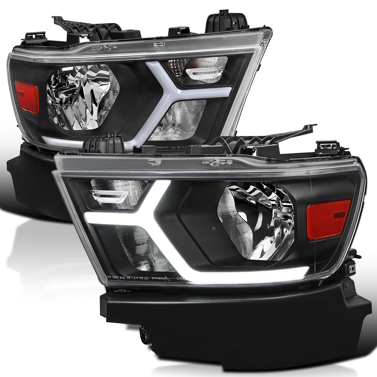 Black LED Tube Headlights SPEC-D TUNING Compatible with 2019-2024 Dodge Ram 1500, Left + Right Pair Headlamps Assembly