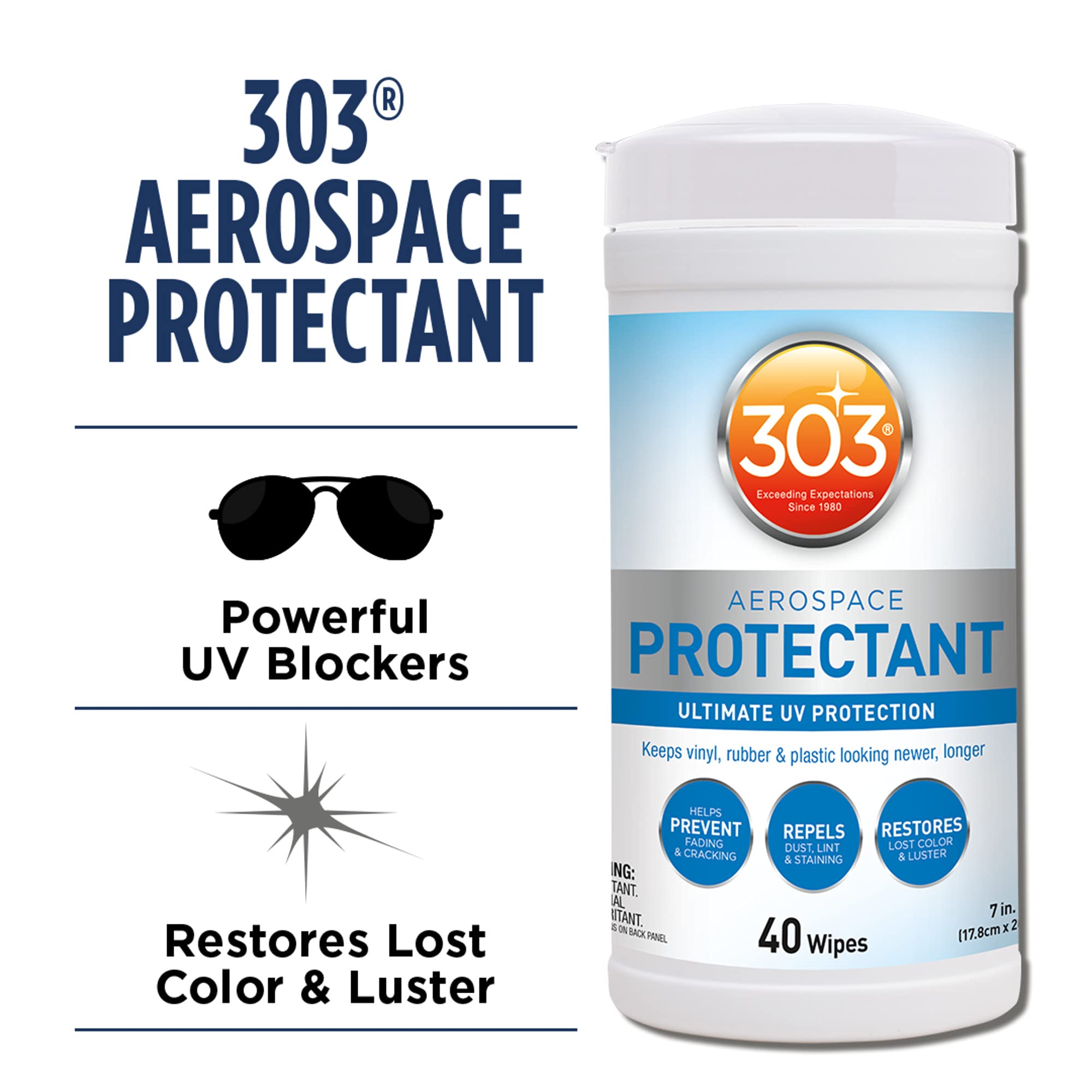 Products 303 (30321) Aerospace Protectant 40 Count Wipes - Ultimate UV Protection - Keeps vinyl, rubber, and plastic looking newer, longer, 40 Count