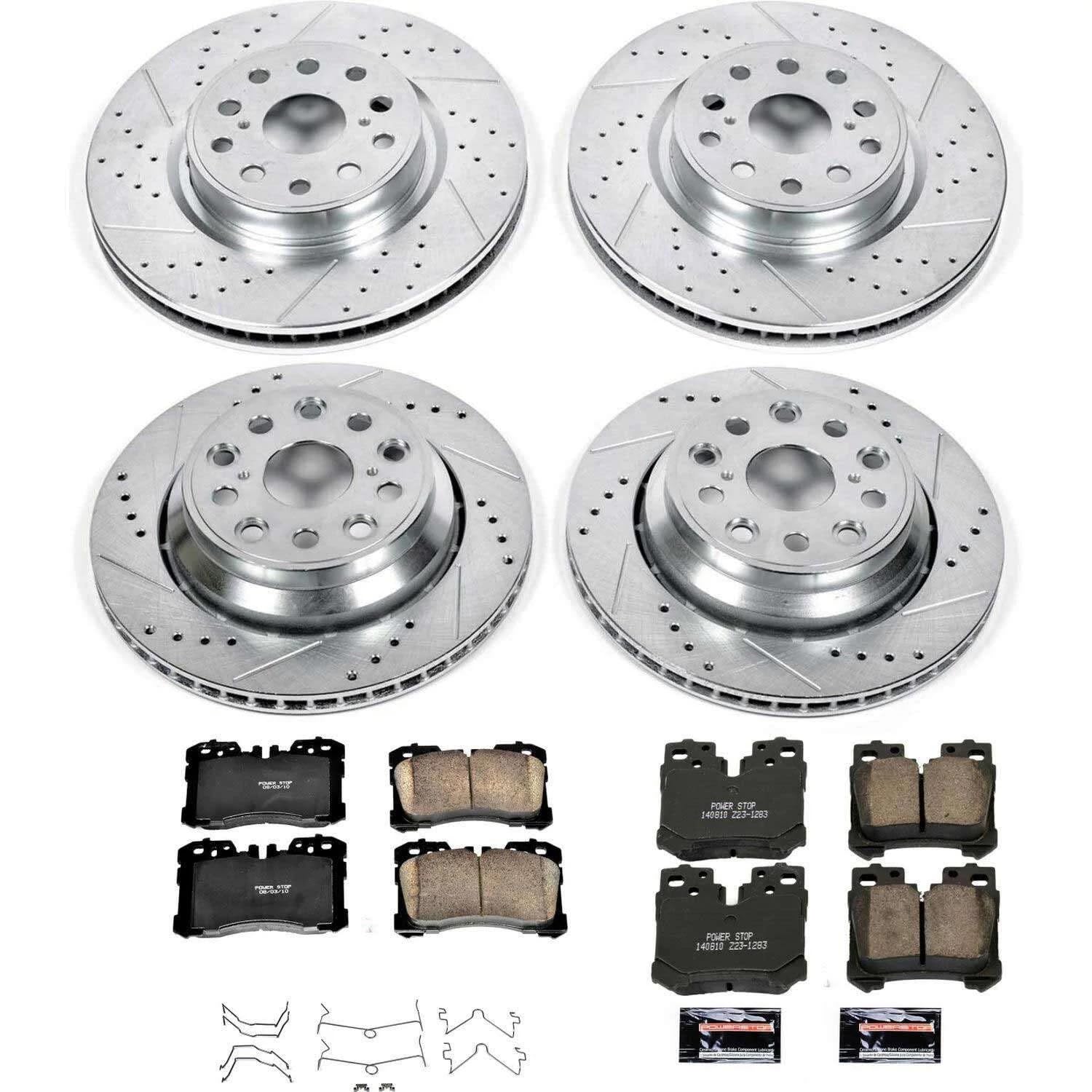 Power Stop K4111 Z23 Carbon Fiber Brake Pads Front and Rear with Drilled & Slotted Brake Rotors Kit and 1 Front & 1 Rear Sensor Wires For Lexus LS460 2007-2009 [Model Specific]