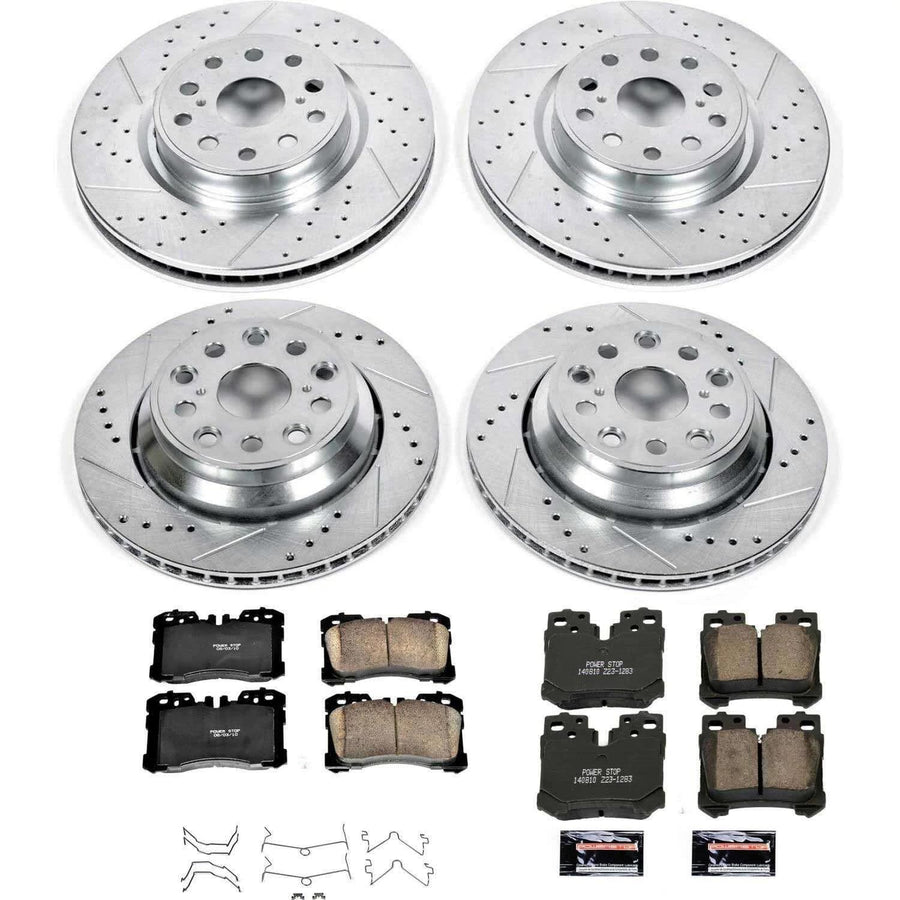 Power Stop K4111 Z23 Carbon Fiber Brake Pads Front and Rear with Drilled & Slotted Brake Rotors Kit and 1 Front & 1 Rear Sensor Wires For Lexus LS460 2007-2009 [Model Specific]
