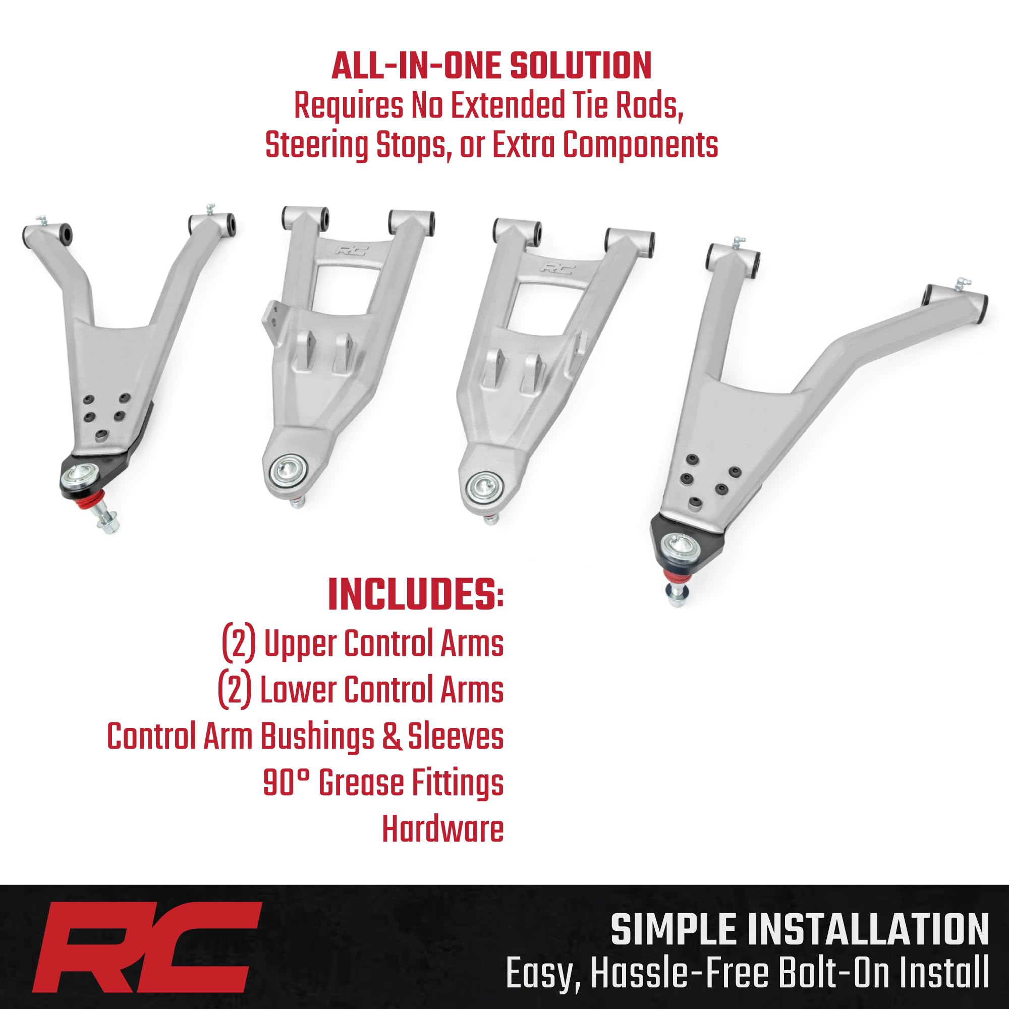 Rough Country High Clearance Control Arms Aluminum with 2" Forward Offset for Polaris Ranger XP 1000 (2021-2025) - Forged A-Arms with Silver Finish, 4-Pack