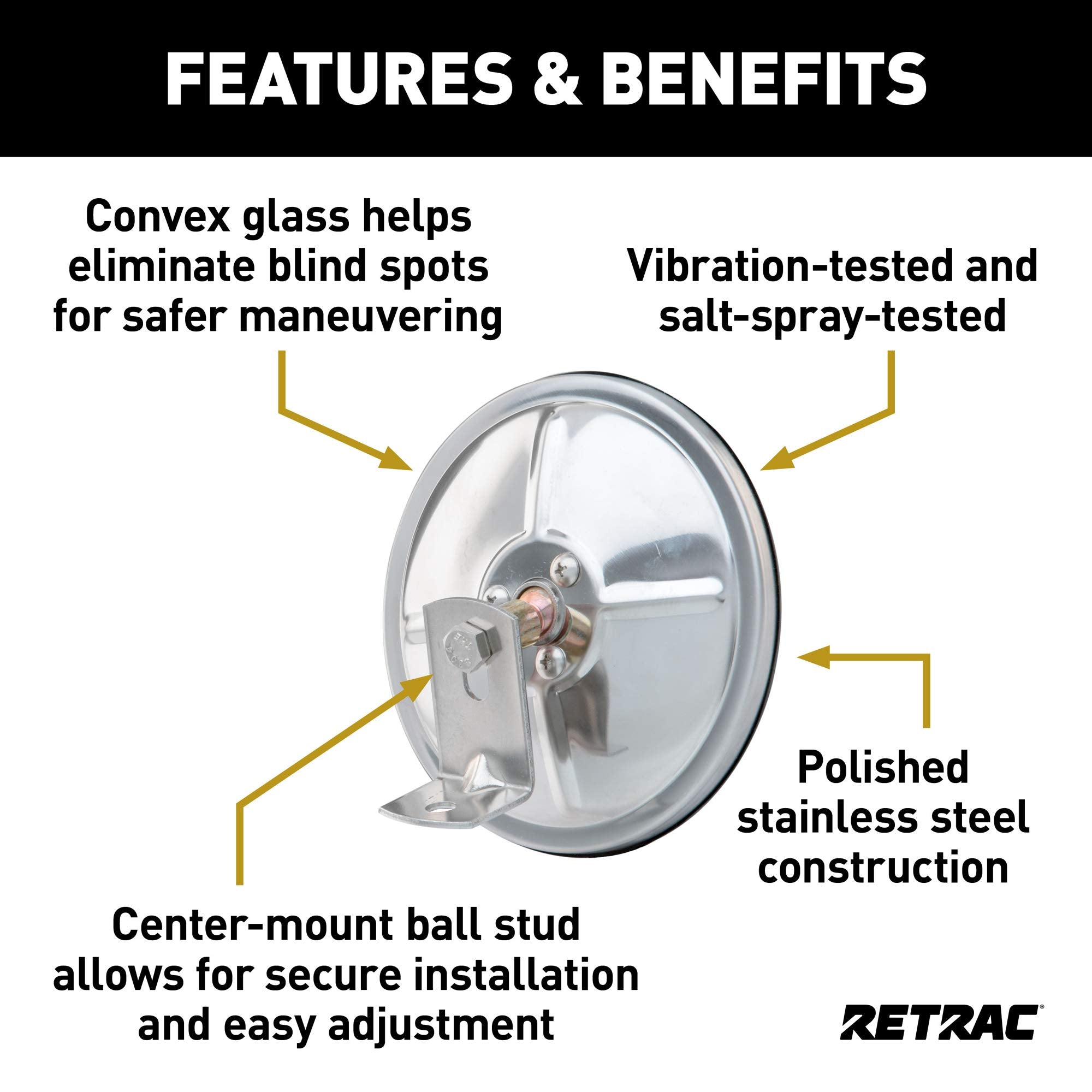 610193 Retrac 6-Inch Stainless Steel Center-Mount Convex Mirror Head with J-Bracket, Universal Driver or Passenger Side