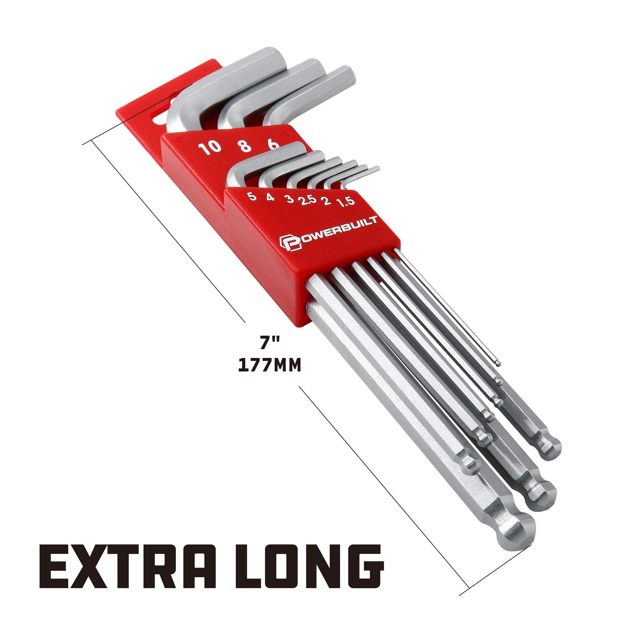 9-Piece Powerbuilt Long Arm Metric Hex Key Wrench Set, Sizes 1.5mm to 10mm, Ball End, Hardened Chrome-Vanadium Steel with Storage Rack – 640082