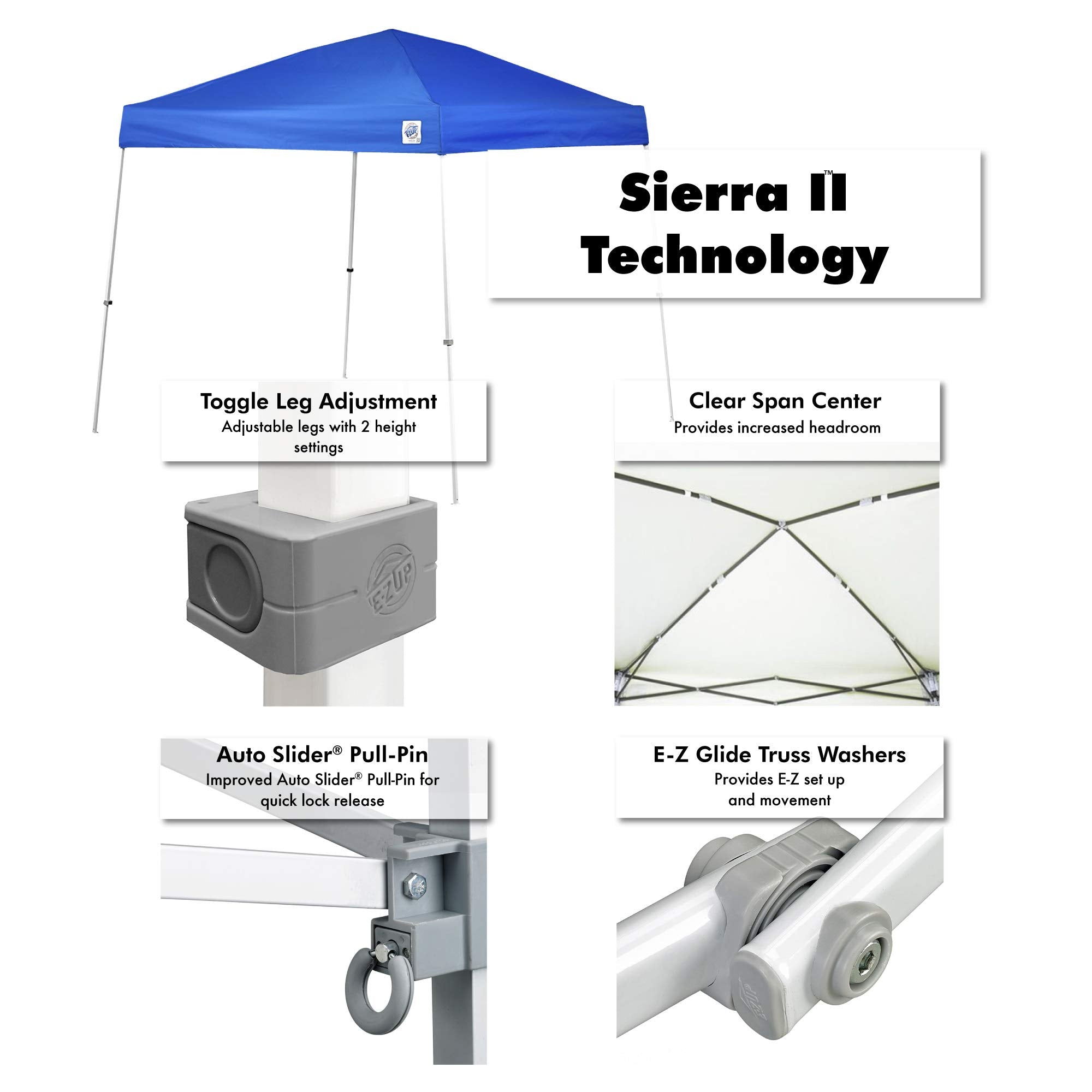 E-Z UP Instant Pop Up Sierra II Outdoor Canopy 10' x 10', Roller Bag and 4 Piece Spike Set, Royal Blue