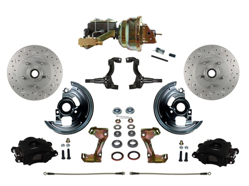 Power Front Disc Brake Kit LEED BRAKES Drilled And Slotted Rotors Black Powder Coated Calipers With 8" Dual Booster Disc/Drum
