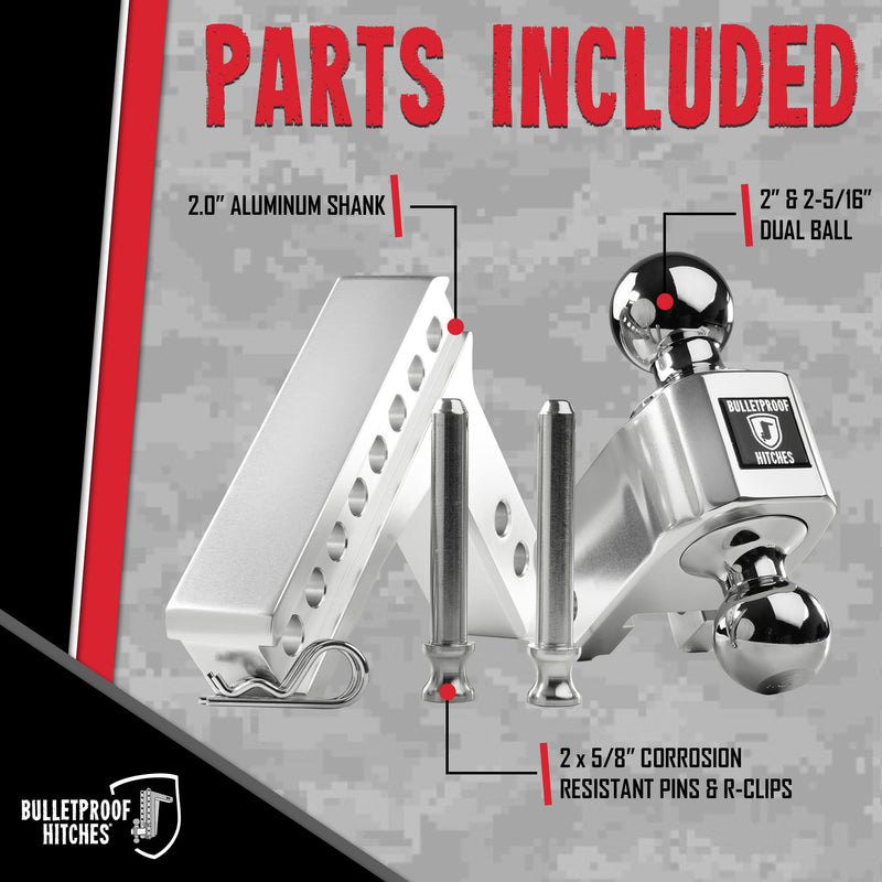 2.0" BulletProof Hitches Aluminum Trailer Hitch (14,000 lb. Rating) - Adjustable Hitch with 4" Drop/Rise and 2" & 2-5/16" Dual Ball - Corrosion-Resistant Tow Hitch