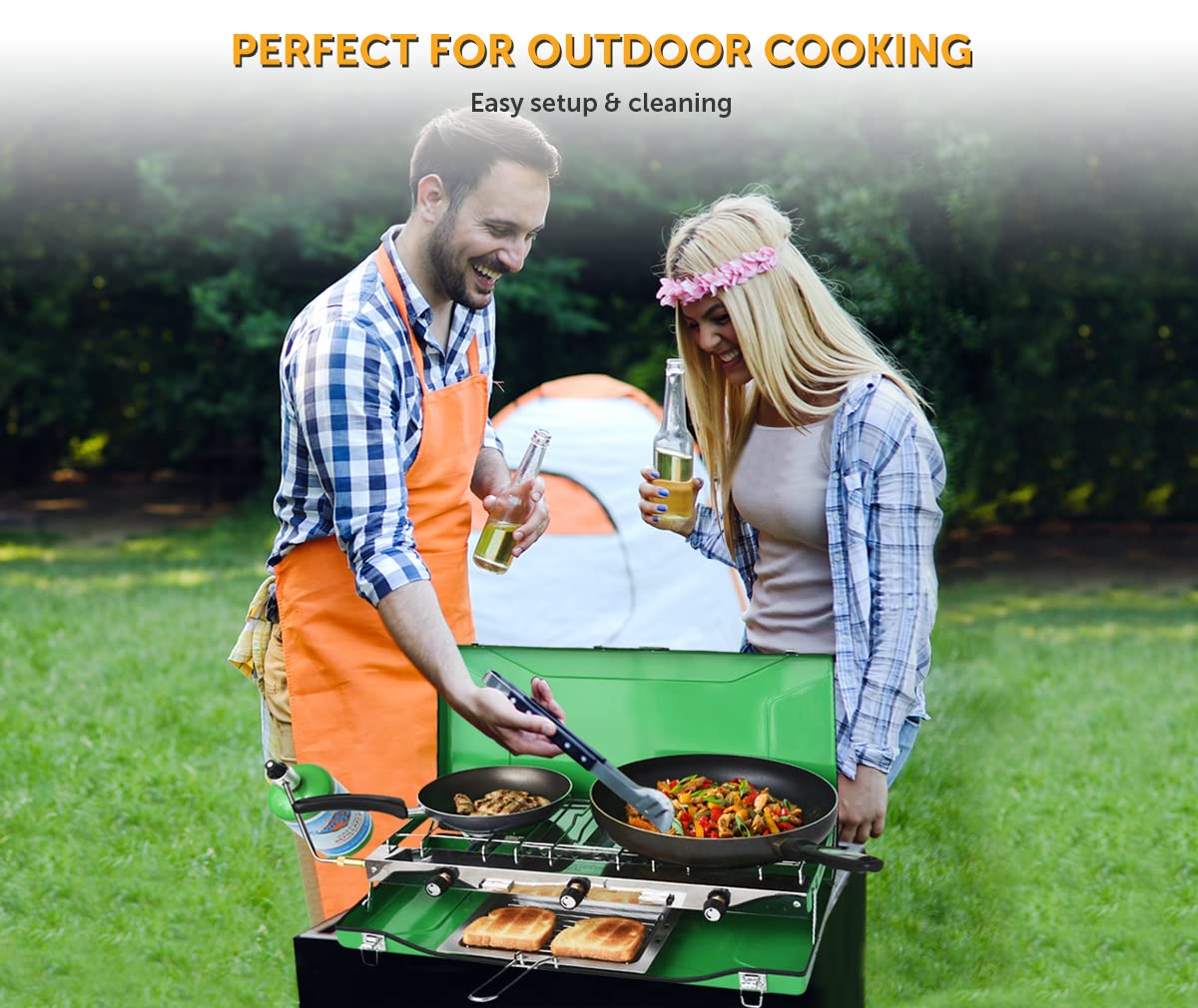 Flame King 3-Burner YSNBBQ-136M Portable Camping Stove Grill w/Toast Tray, Great for Outdoor Cooking, Backpacking, Compatible with 1LB Propane Gas Bottle