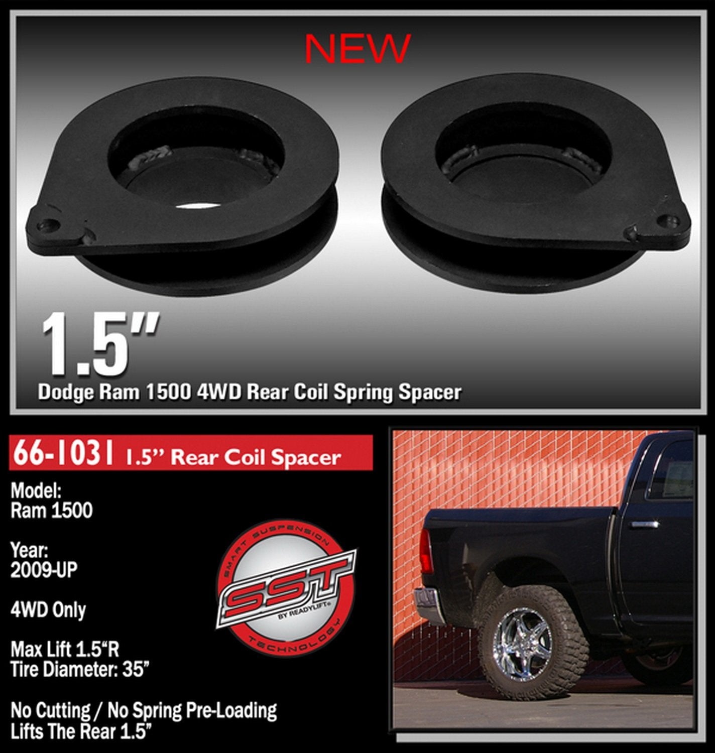 1.5" Rear Coil Spring Spacer Readylift for Dodge Ram 1500 2WD/4WD 2009-Up, For Tires Up to 35"