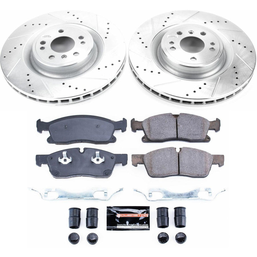 Power Stop K6883 Z23 Carbon Fiber Brake Pads with Drilled & Slotted Brake Rotors Kit and 1 Front Sensor Wire For GLE300d, GLE350, GLE400, GLE, ML, ML350, M [Model Specific]