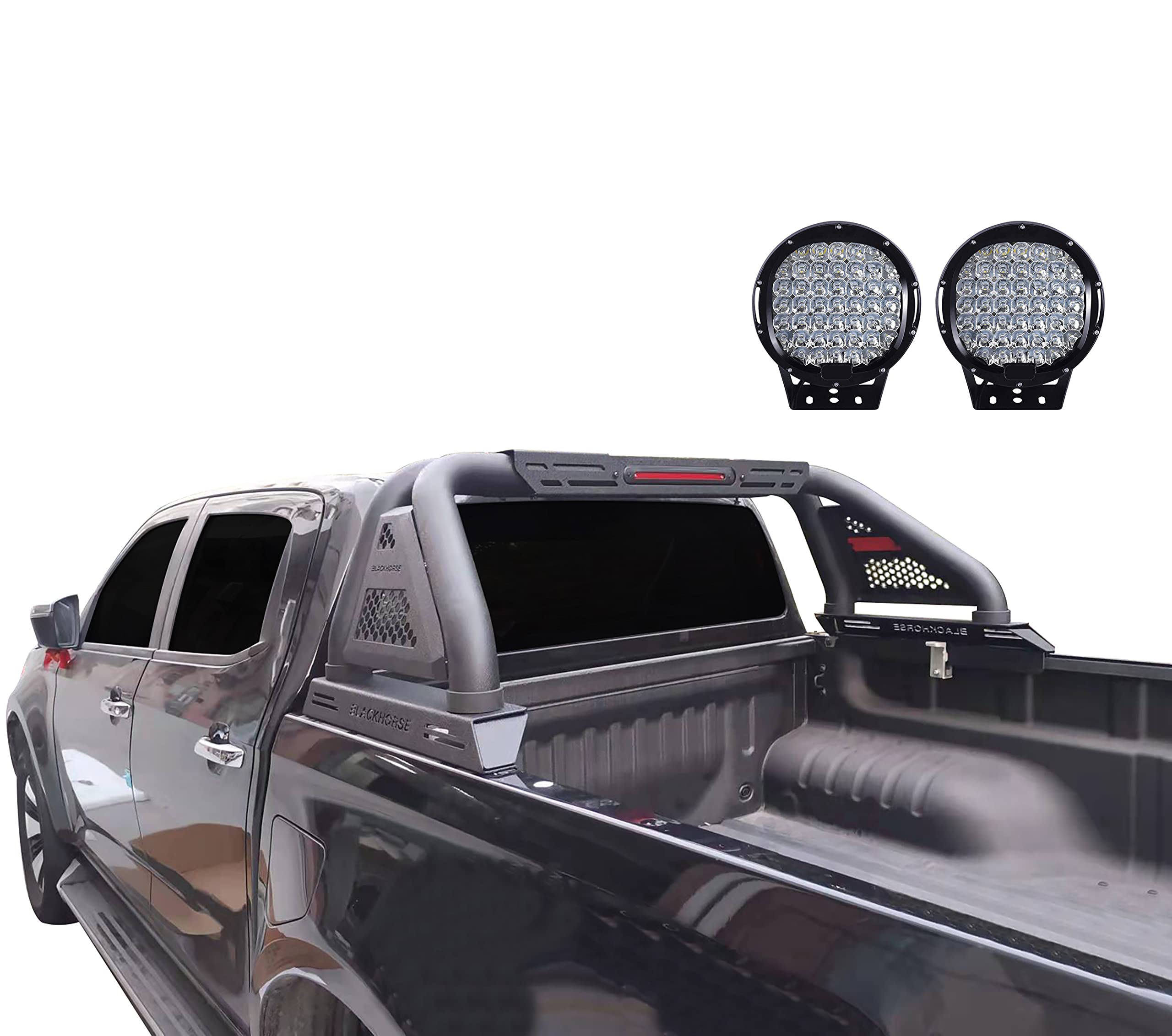 Classic PRO Black Horse Roll Bar Incl.Set of 9 Black Round LED Light Modular Textured Compatible with 2019-2024 Ford Ranger-RB08MT-PL69B