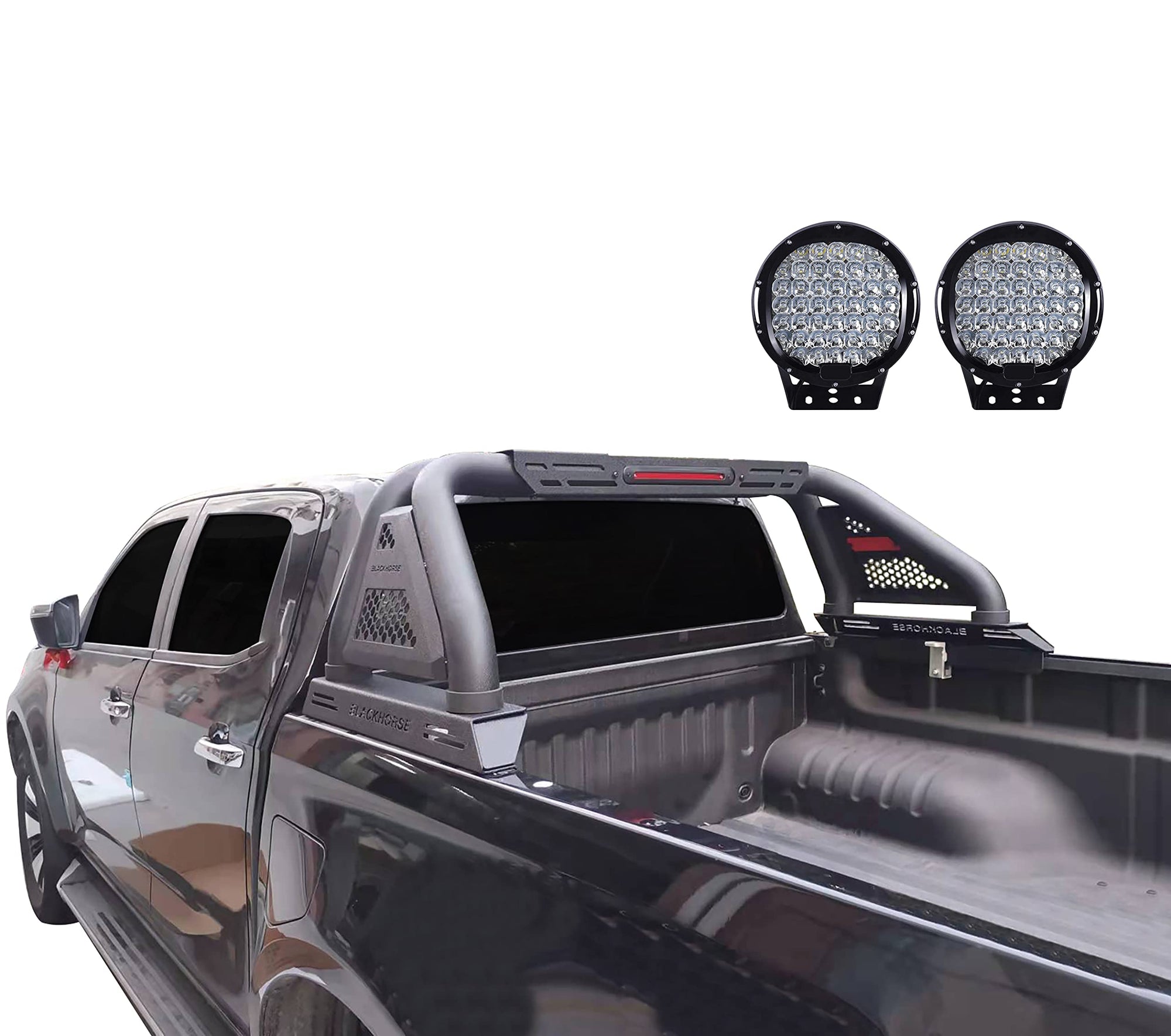 Classic Pro Black Horse Roll Bar Incl.Set of 9" Black Round Led Light Modular Textured Black Compatible with 2005-2021 Nissan