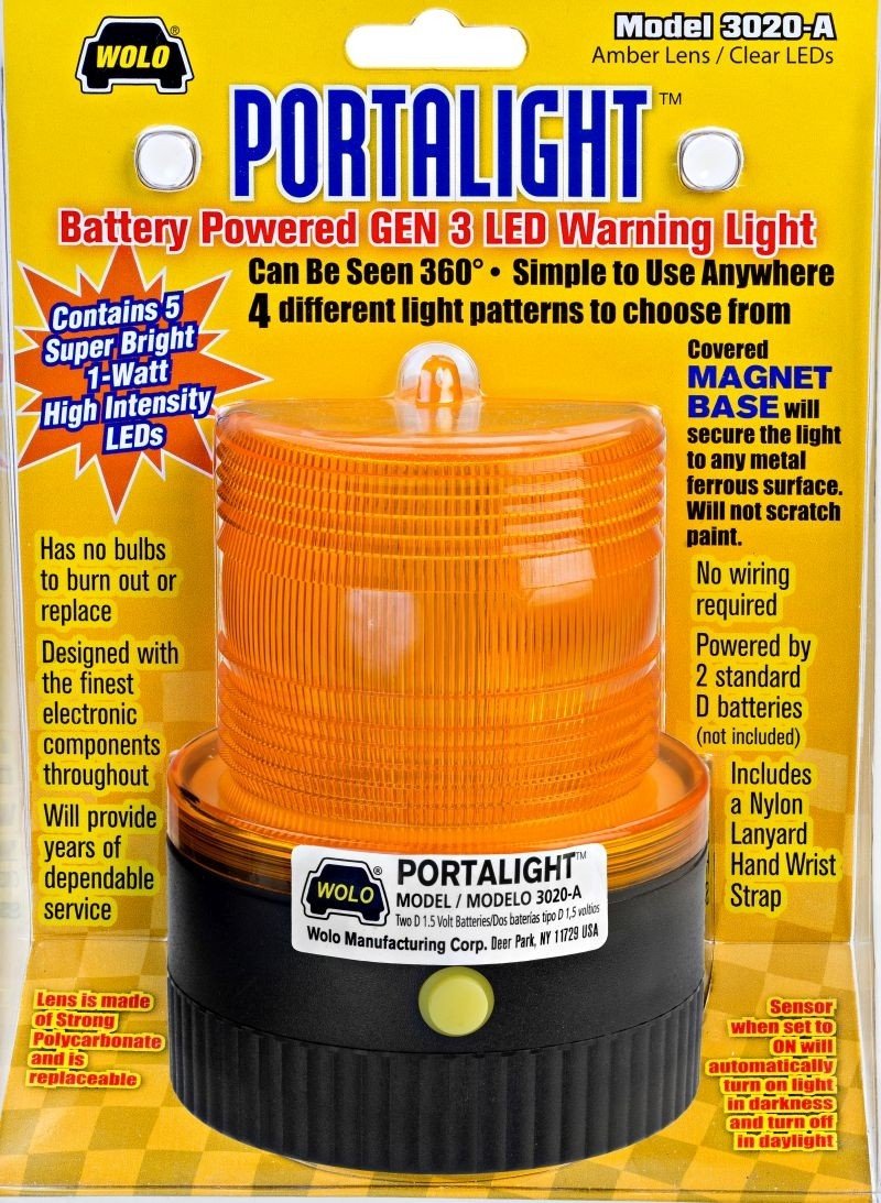 Wolo Portalight 3020-A Battery Powered Super Bright LED Warning Light with Magnetic Base, 1 Pack