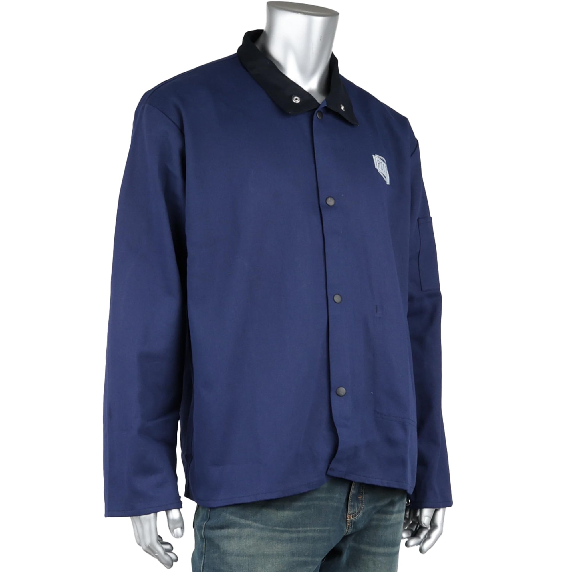FR Treated Cotton Sateen Jacket Ironcat, 9 oz., Anodized Snaps, Interior Pocket, Pop-up Welders Collar, Scribe Pocket, Navy, 2X-Large (7050N/2XL)