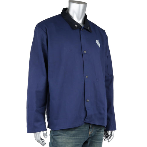 FR Treated Cotton Sateen Jacket Ironcat, 9 oz., Anodized Snaps, Interior Pocket, Pop-up Welders Collar, Scribe Pocket, Navy, 2X-Large (7050N/2XL)