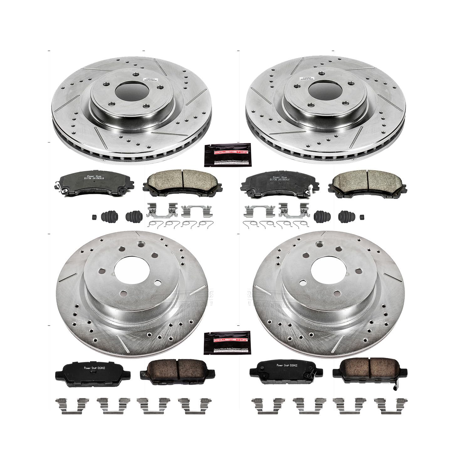 Power Stop K7584 Z23 Carbon Fiber Brake Pads Front and Rear with Drilled & Slotted Brake Rotors Kit For INFINITI QX50 2016-2017, Nissan Z 2023 [Model Specific]