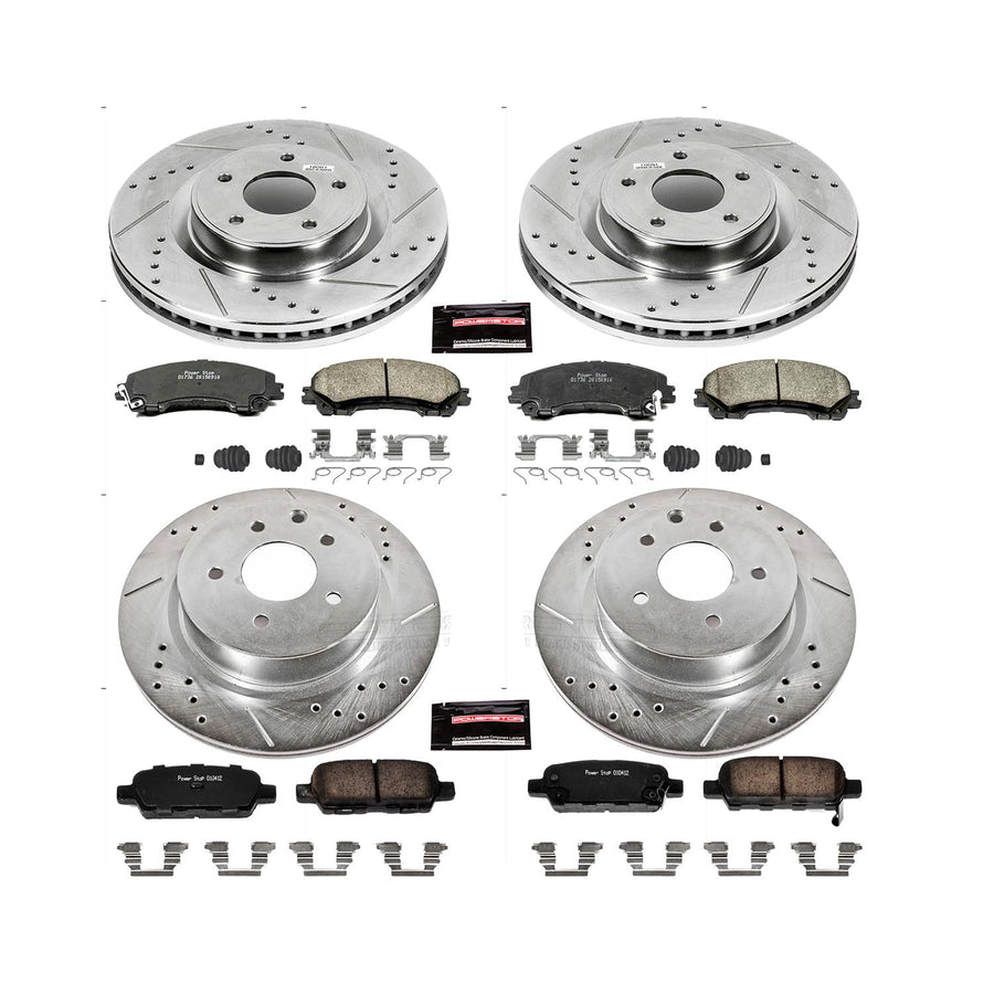 Power Stop K7584 Z23 Carbon Fiber Brake Pads Front and Rear with Drilled & Slotted Brake Rotors Kit For INFINITI QX50 2016-2017, Nissan Z 2023 [Model Specific]