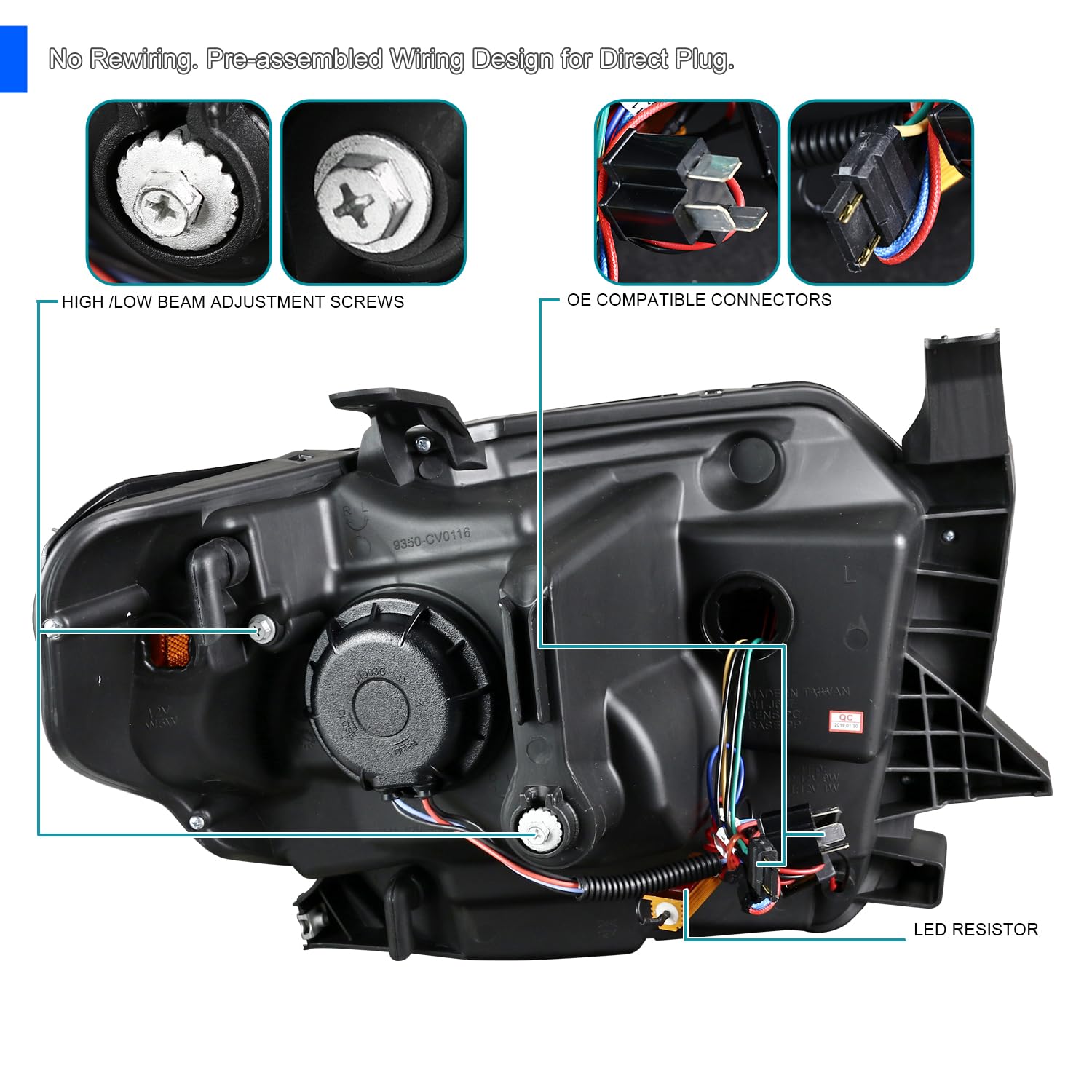 Jet Black SPEC-D TUNING Projector Headlights w/LED Light Bar Compatible with 2014-2021 Toyota Tundra, Left + Right Pair Headlamps Assembly
