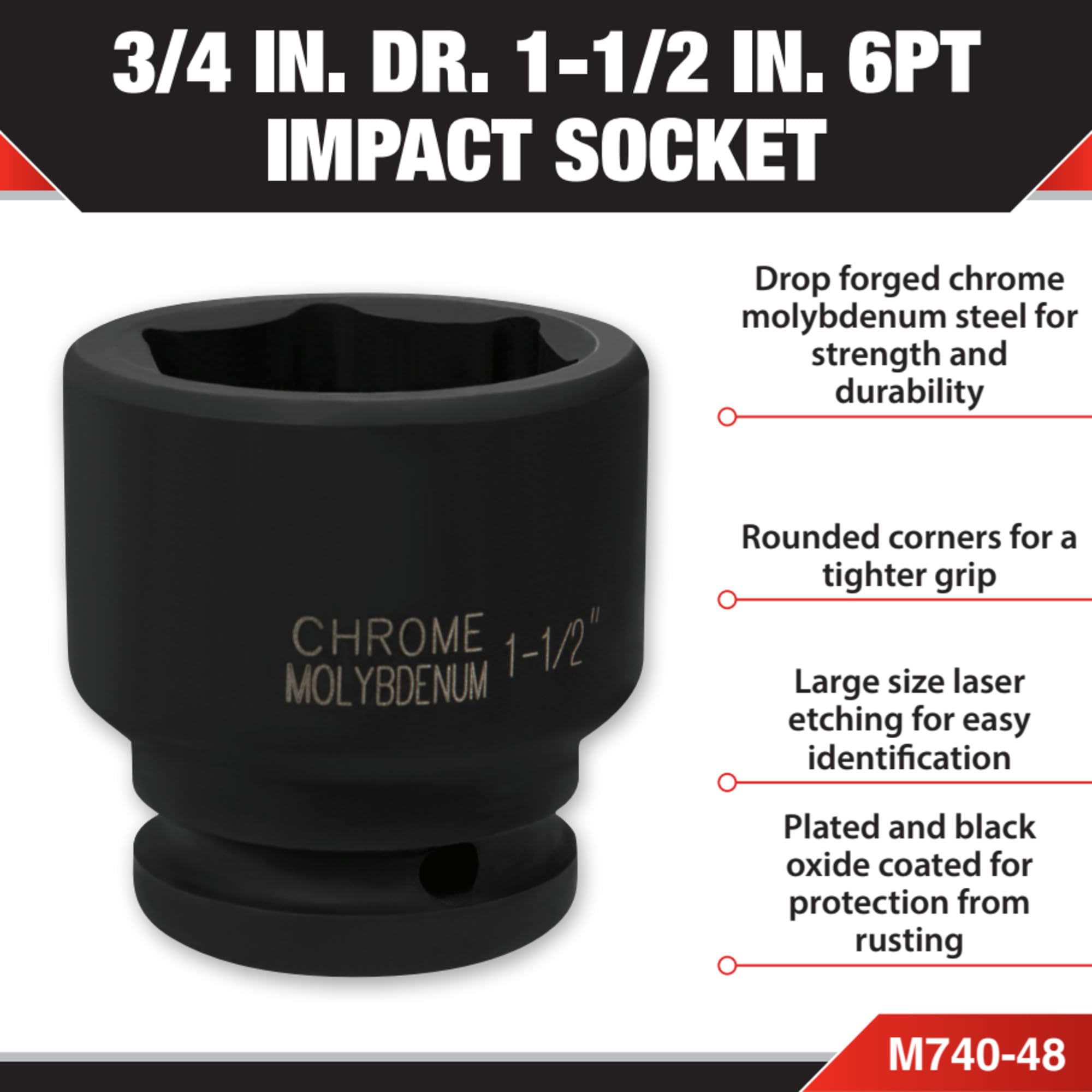 M740-48 Performance Tool, 3/4-Inch Drive 1-1/2-Inch 6pt Impact Socket - Chrome Moly Steel, Black Oxide Coated