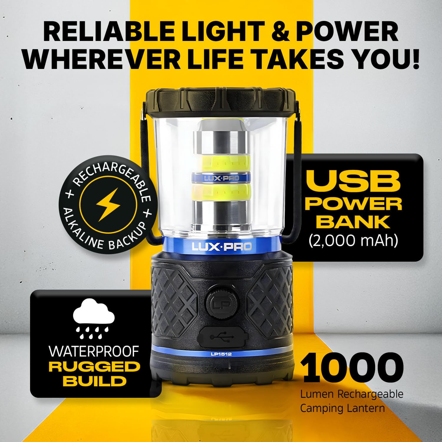 Dual-Power LUXPRO Rechargeable 1100 Lumen LED Lantern for Up to 150 Hours of Use