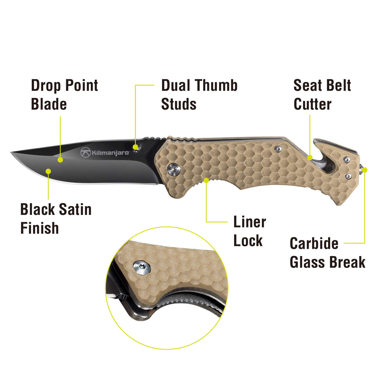 Kilimanjaro Folding Knife UTAC, Drop Pt. Black Satin Blade, Tan, One Size