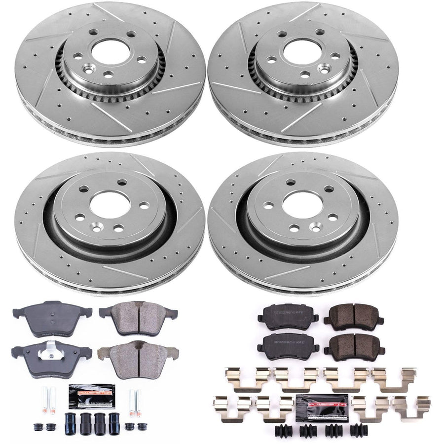 Power Stop K7637 Z23 Carbon Fiber Brake Pads Front and Rear with Drilled & Slotted Brake Rotors Kit For Volvo S60, Volvo S80, Volvo V60, Volvo XC70 [Model Specific]