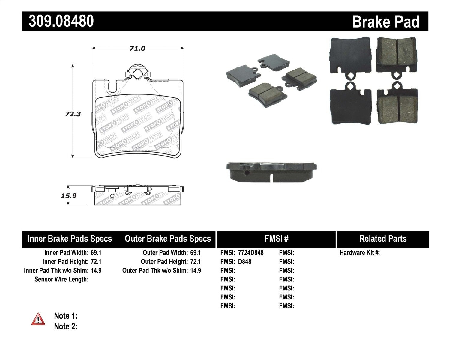 Sport Brake Pads StopTech 309.08480 with Shims and Hardware