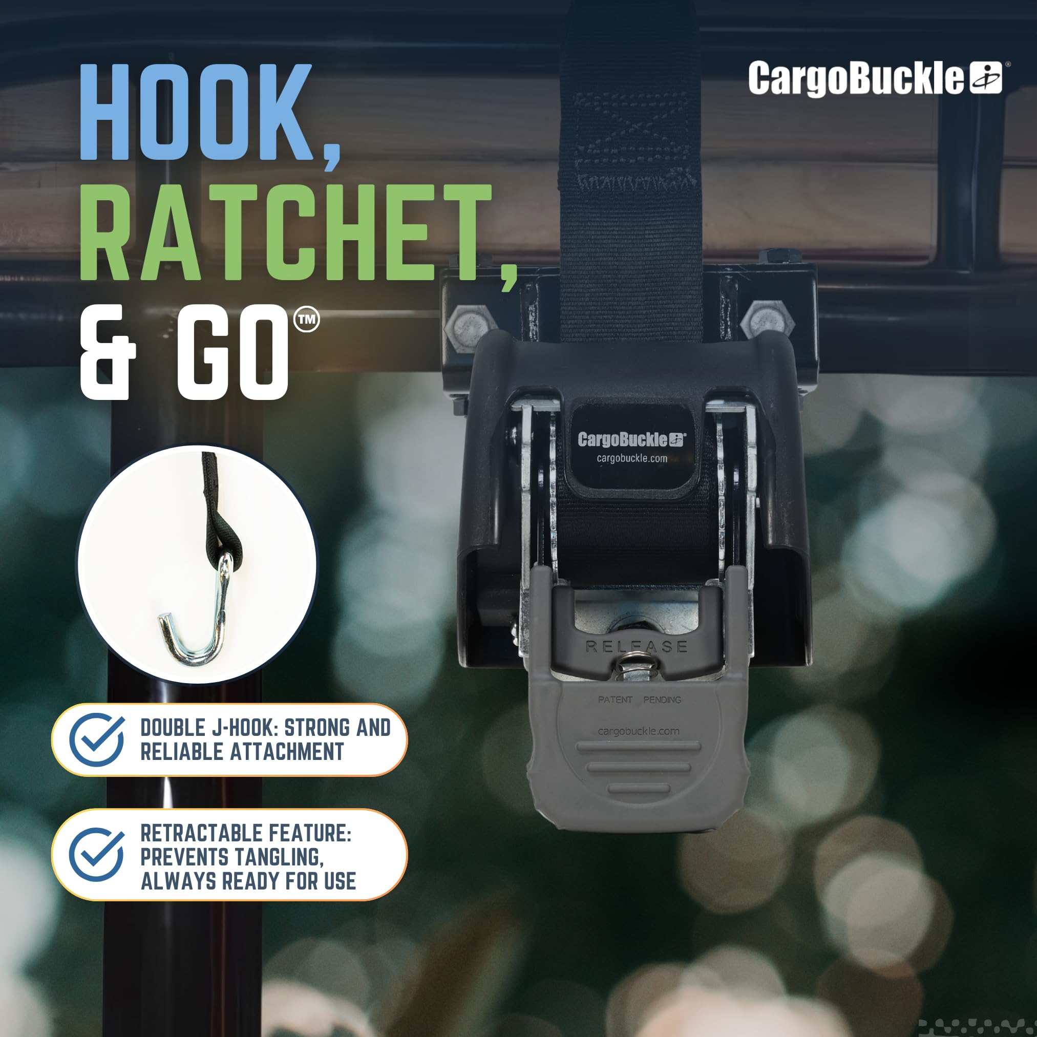 Ladder Rack CargoBuckle F18816 Tie-Down System, Square Mount Self Retracting Ratchet Straps for Trucks, 2-inch x 7-Feet (Pack of 2)