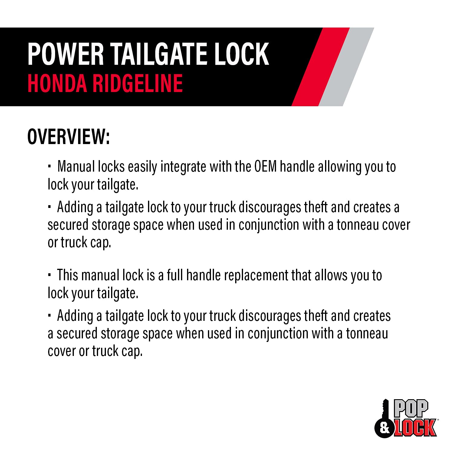 Smart Lock Combo Power Tailgate Lock – Pop & Lock for Honda Ridgeline, Fits 2005 to 2016 Models (Color White, PL8661)
