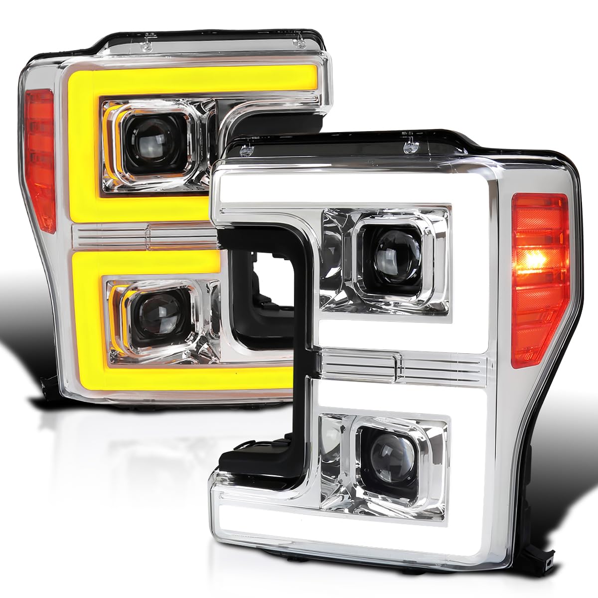 Chrome Projector Headlights SPEC-D TUNING w/LED Sequential Turn Signal Switchback Compatible with 2017-2019 Ford F-250, F-350, F-450, F-550 Super Duty, Left + Right Pair Headlamps Assembly