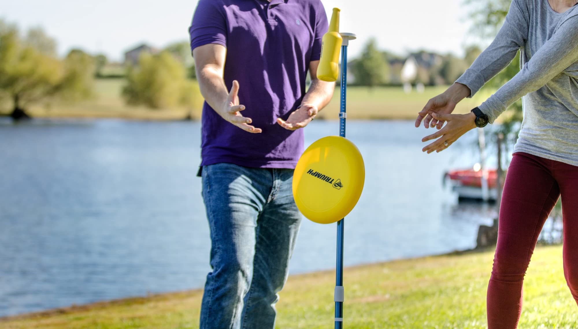 Battle Disc-Throwing Triumph Sports Bottle Outdoor Target Game Includes Two Aluminum Telescoping Poles, Two Non-Breakable Bottles, and Disc, Blue