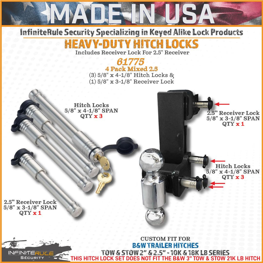 Security InfiniteRule 61775 | 4 Pack Mixed 2.5, Keyed Alike, Hitch Locks for B&W 2" & 2.5" Tow and Stow 10K LB & 18K LB - Includes Receiver Lock for 2.0" Or 2.5" Receiver
