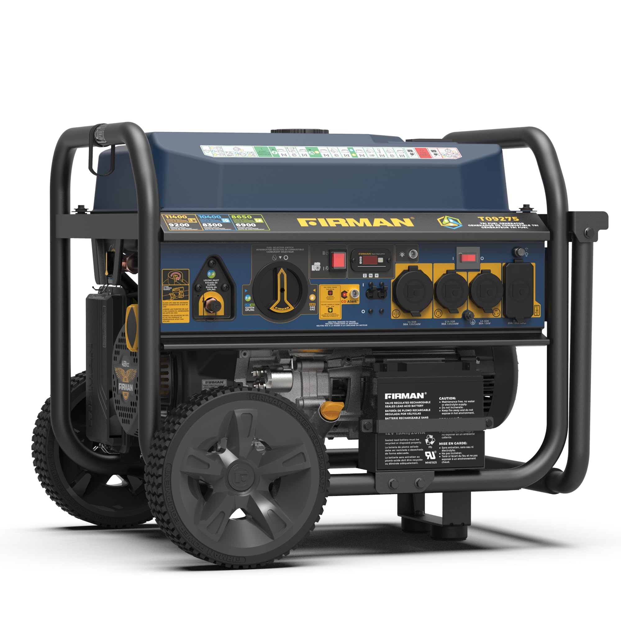 FIRMAN Tri Fuel T09275 Portable Generator, 11400W Electric Start, 120V/240V, CO Alert, 459cc Engine, 9-Gallon Tank, 11 Hrs Runtime, Wheel Kit, Ideal for Home Backup, RV, Camping & Emergency Power
