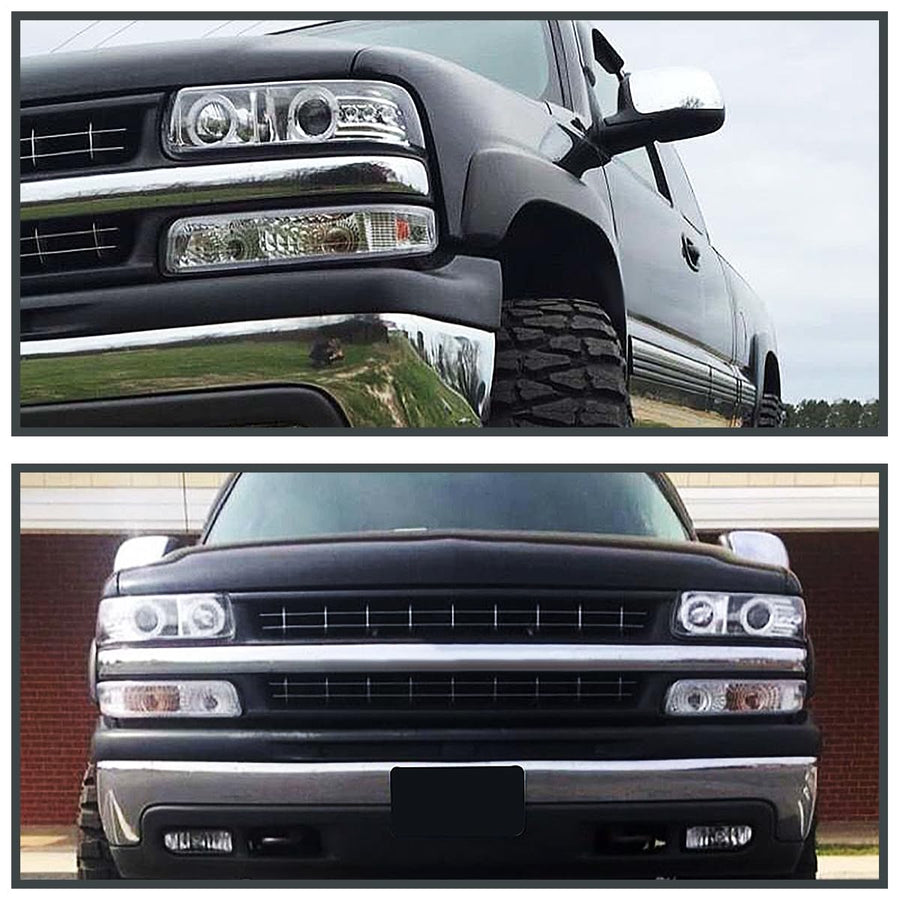 Chrome LED Halo Projector Headlights + Bumper Lights SPEC-D TUNING Compatible with 1999-2002 Chevy Silverado 2000-2006 Tahoe, Left + Right Pair Headlamps Assembly