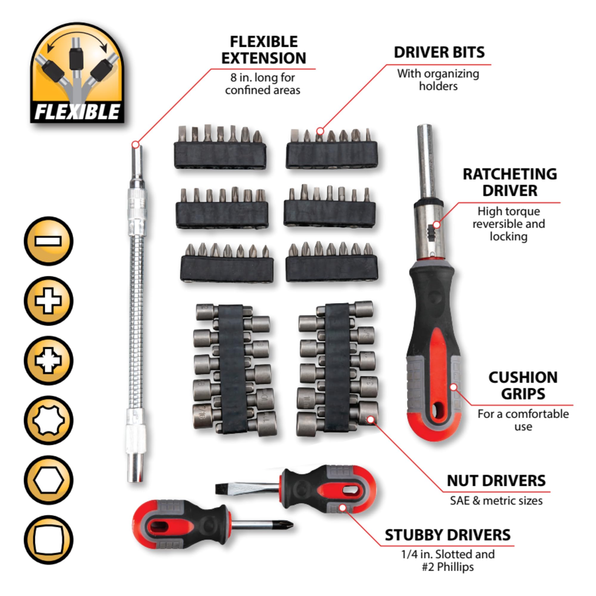 W1784 Performance Tool 66-Piece Screwdriver and Bit Set, Full Set, Holders and Organizers Included, Reversible Driver, Flex Extension, Phillips, Slotted, Pozi, Square, Hex, Star, SAE/MET Nut Drivers