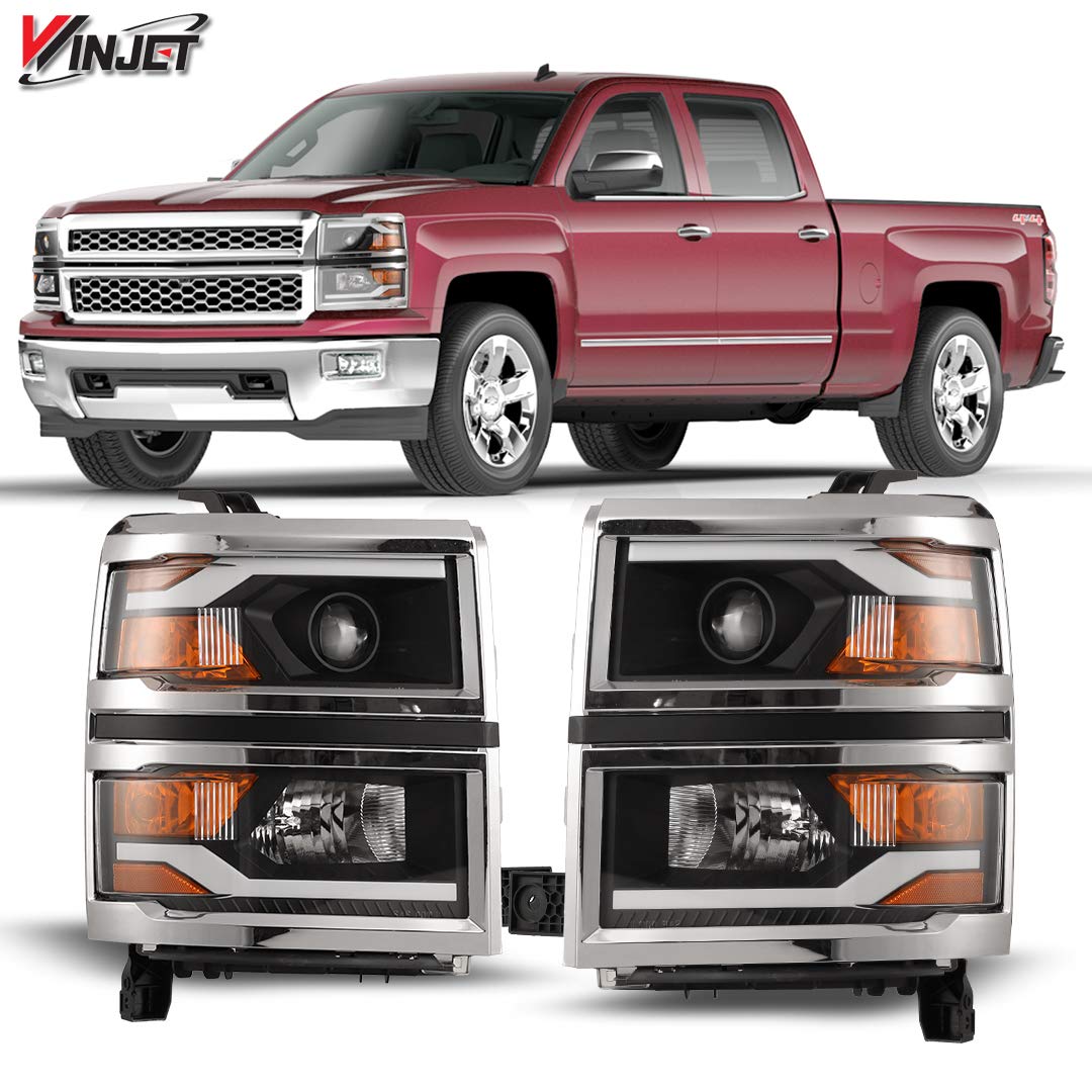 Winjet LED DRL Bar Projector Headlights Compatible with [2014-2015 Chevrolet Silverado 1500], Black (WJ10-0382C-04)