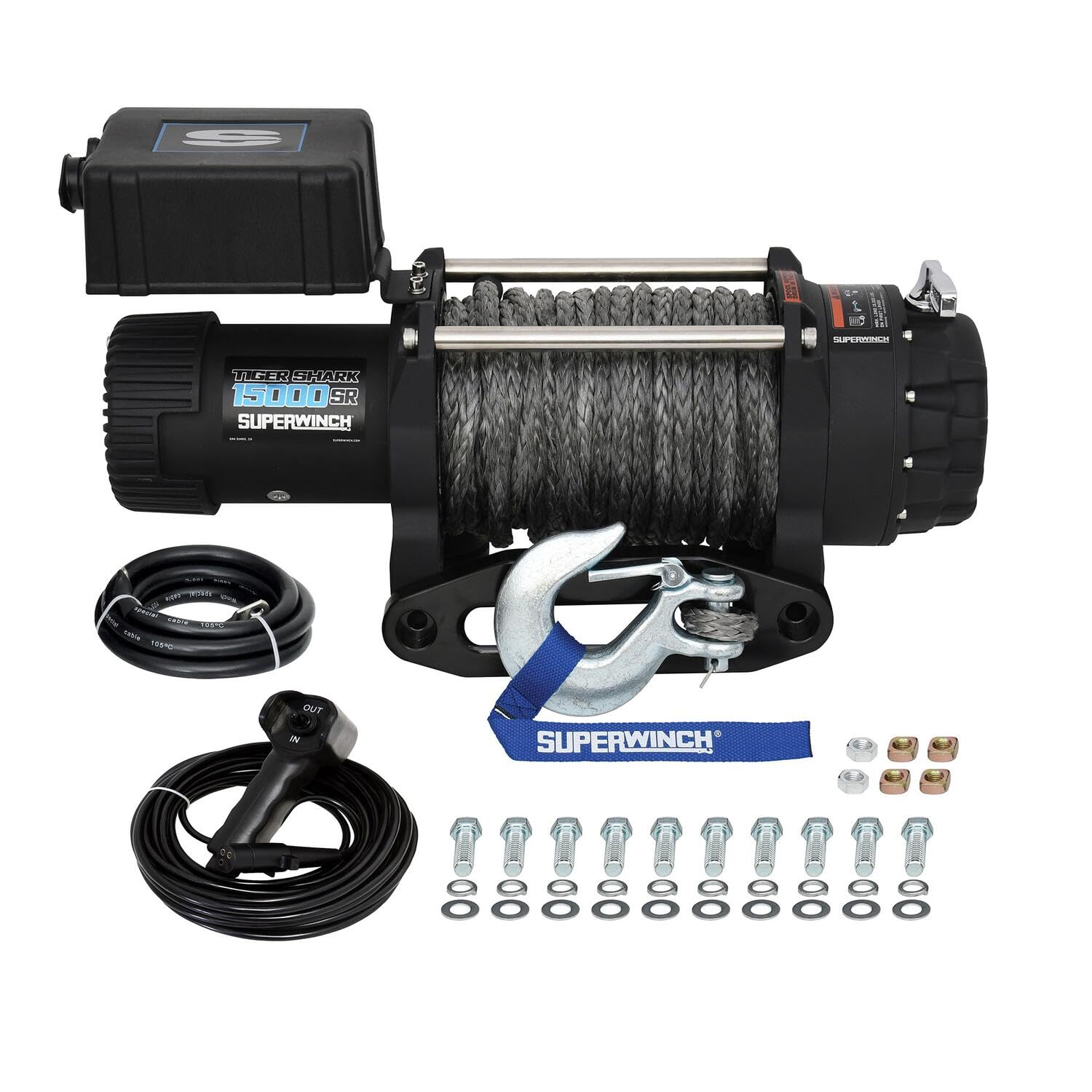 Tiger Shark SUPERWINCH, 15000 lb Capacity, Hawse Fairlead, 15/32 in x 78 ft Synthetic Rope, 12V, Kit