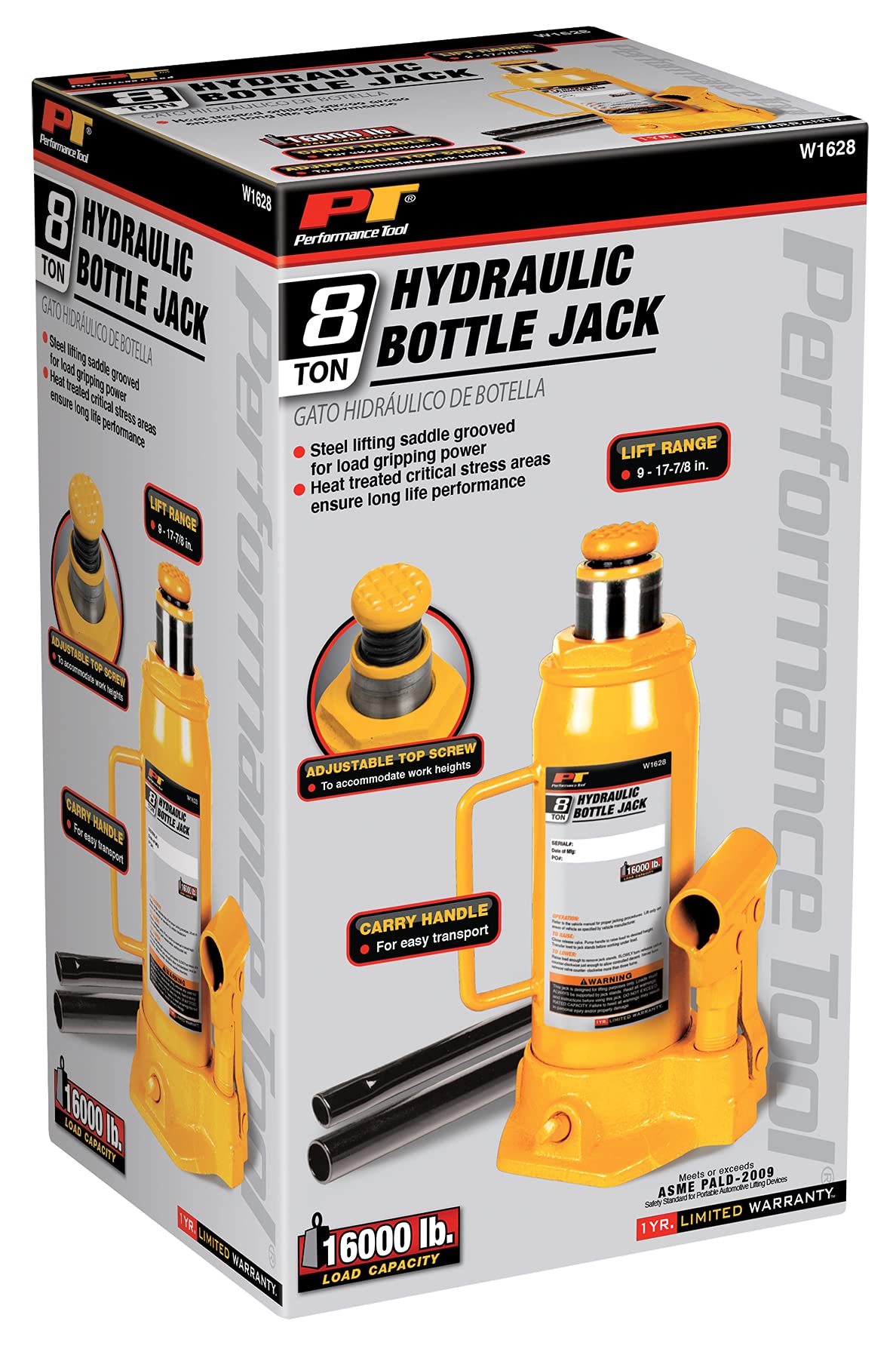 Heavy Duty Performance Tool W1628 8-Ton (16,000 lbs.) Hydraulic Bottle Jack